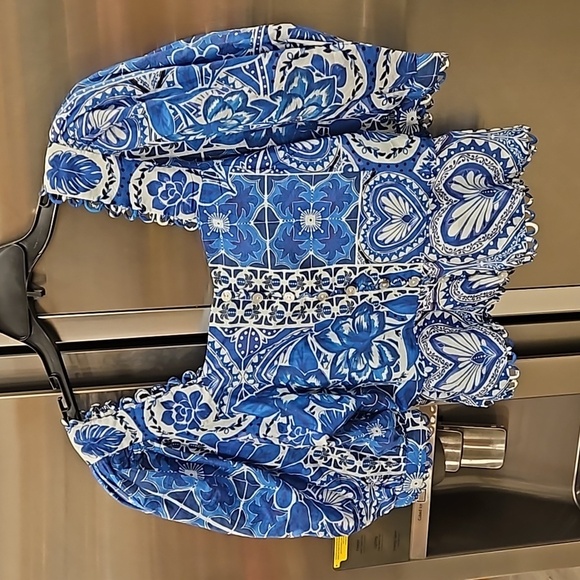 💕FARM RIO💕 Blue Tile Dream Short Sleeve Blouse ~ Floral Large L NWT *DAMAGED* - Picture 12 of 16